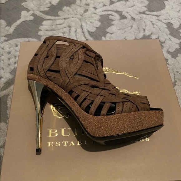 BURBERRY Women's Brown Peep Toe DARFIELD desert woven suede ankle boots 38 / 8 - Picture 5 of 9